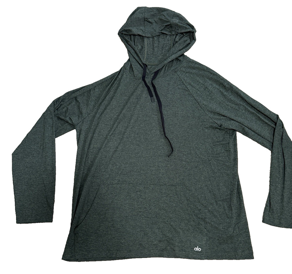 Alo 2XL Men's Forest Green LS Hooded Tee Athletic Shirt with Pocket Stretch